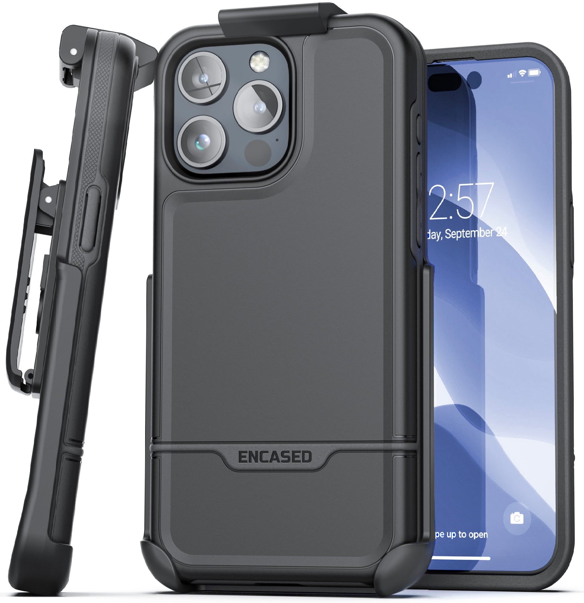 Encased Rebel Designed for iPhone 15 Pro Max Belt Clip Case, Protective Shockproof Phone Case with Holster (Black)