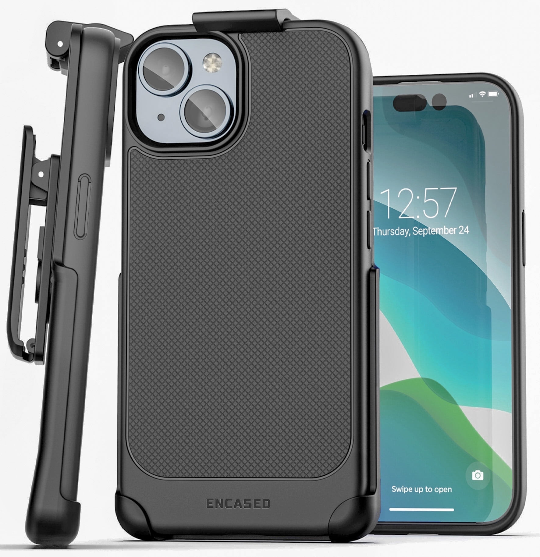 Encased Thin Armor Designed for iPhone 15 Belt Clip Case, Slim Fit Phone Case with Holster (Black)