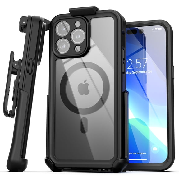 Encased Titan Designed for iPhone 15 Plus Waterproof Case with Belt Clip (Compatible with MagSafe) Full Body Protective Phone Case with Holster (Black)