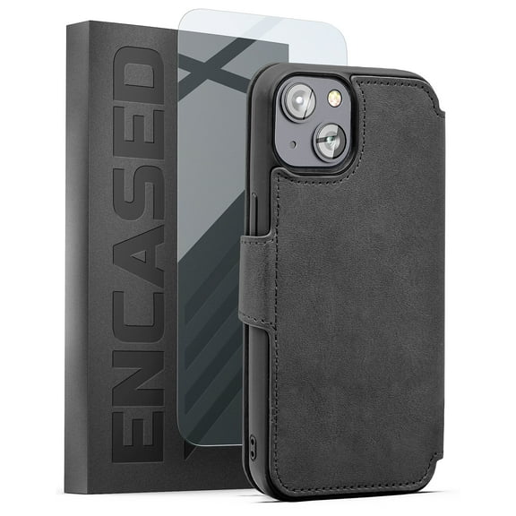 Encased Torno-S Wallet Designed for iPhone 14 PLUS Case with Card Holder - Flip Folio with Screen Protector (Black Leather)