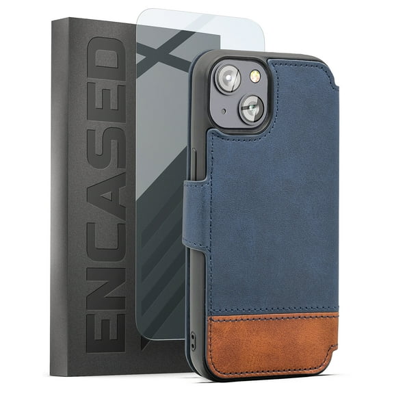 Encased Torno-S Wallet Designed for iPhone 14 PLUS Case with Card Holder - Leather Flip Folio with Screen Protector (2-Tone Blue/Brown)