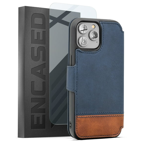Encased Torno-S Wallet Designed for iPhone 14 Pro Max Case with Card Holder - Leather Flip Folio with Screen Protector (2-Tone Blue/Brown)