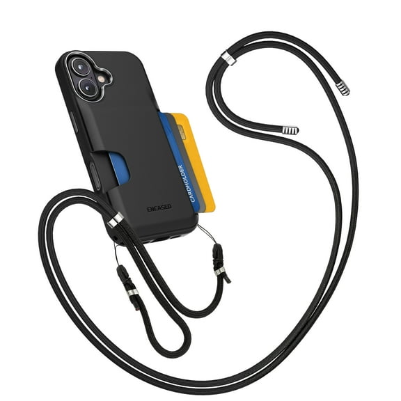 Encased for iPhone 17 Wallet Case with Adjustable Neck Strap (Cache Series) - Crossbody Protective Phone Case with Built-In Card Holder Slot (Black)