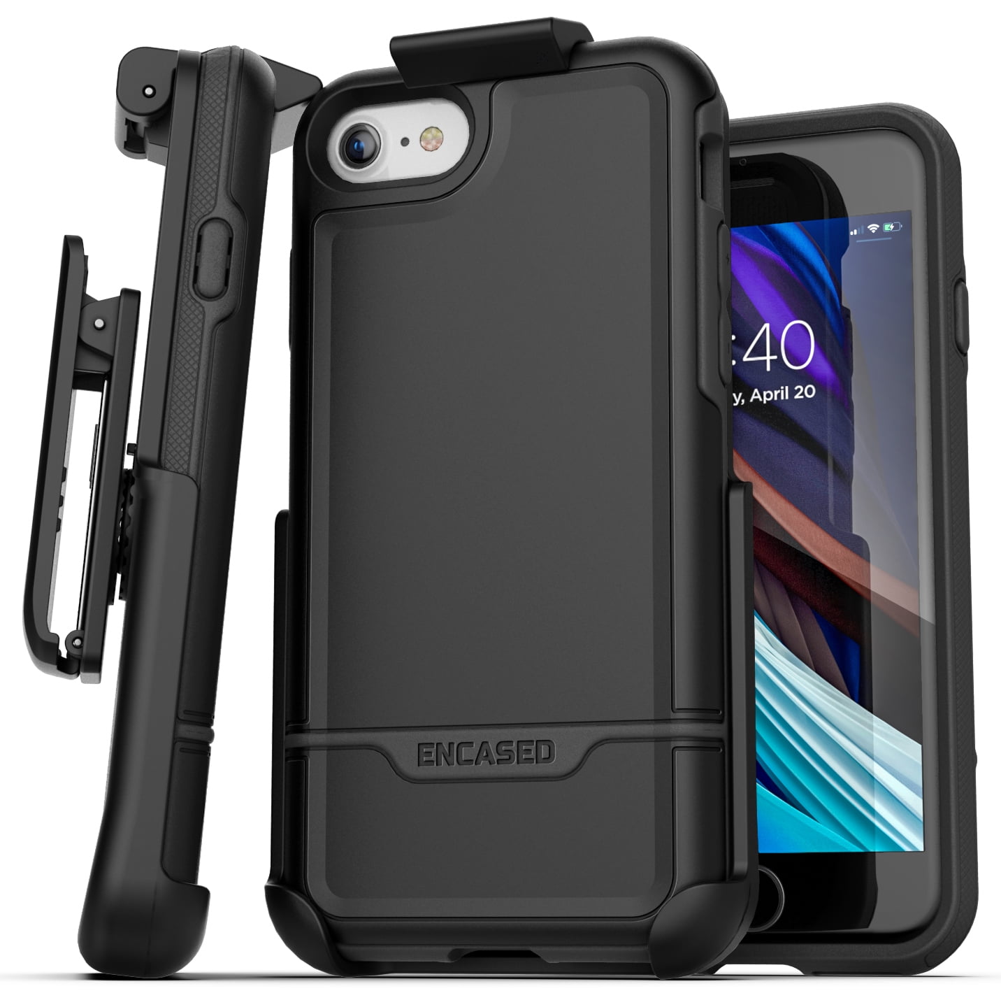 Encased iPhone SE Belt Clip Holster Case (2020/2022 Rebel Armor) Protective Rugged Full Body Cover with Holder (Black)