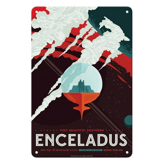 Enceladus - More than 100 Breathtaking Geysers - NASA Exoplanet Travel Poster - 8 x 12 inch Vintage Metal Tin Sign