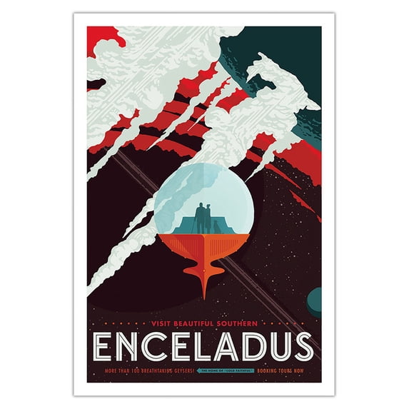 Enceladus - More than 100 Breathtaking Geysers - NASA Exoplanet Travel Poster - Fine Art Matte Paper Print (Unframed) 30x44in