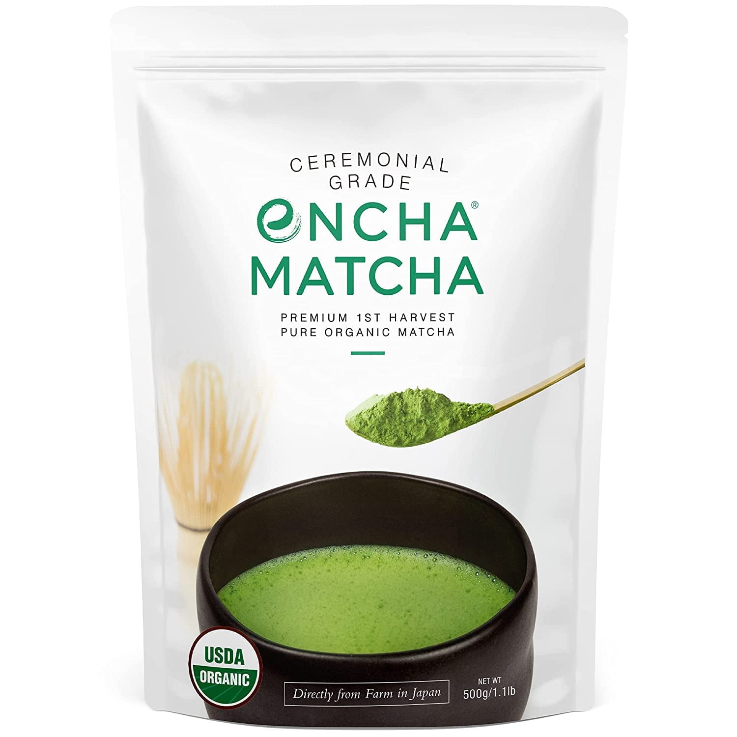 Encha Matcha Green Tea Powder, Organic Ceremonial Grade First Harvest, Uji Japan, 500g, 1.1lb