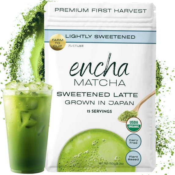 Encha Matcha Latte Powder Sweetened - Lightly Sweet Matcha Powder - First Harvest - Premium Japanese Matcha - 150g / 5.3oz