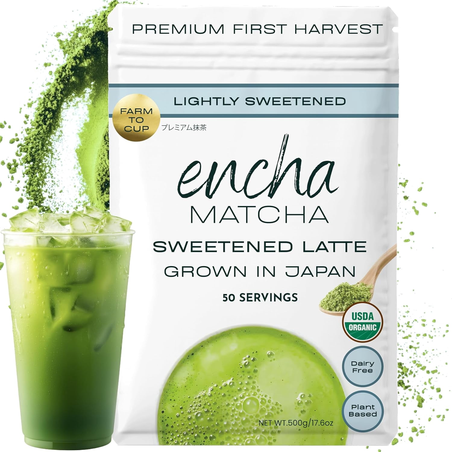 Encha Matcha Latte Powder Sweetened - Lightly Sweet Matcha Powder - First Harvest - Premium Japanese Matcha - 500g / 1.1lb