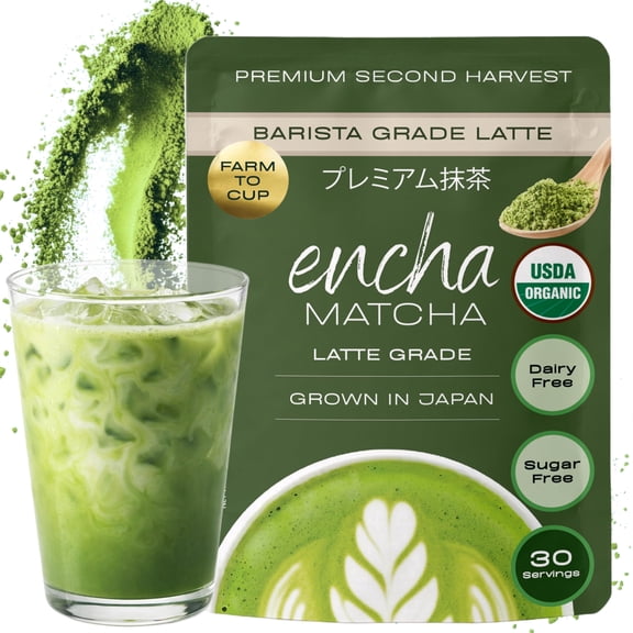 Encha Matcha Powder Barista Grade Latte Organic Matcha Powder 100% Japanese Matcha Green Tea Powder for Lattes & Everyday Culinary Recipes, Smooth Milk-Friendly Blend, Unsweetened, 60g / 2.12 oz