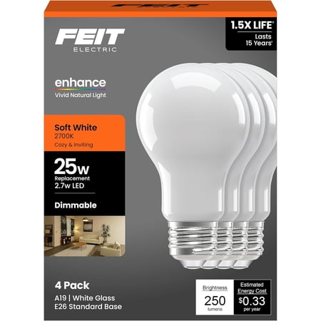 Enchance A19 LED Light Bulbs, 2.7W (25W Equivalent), Soft White 2700K, Dimmable, 90+ CRI, E26 Base, 17,000-Hour Lifetime, Residential or Commercial Bulb, A1925/927CA/FIL/4/GB, 4-Pack
