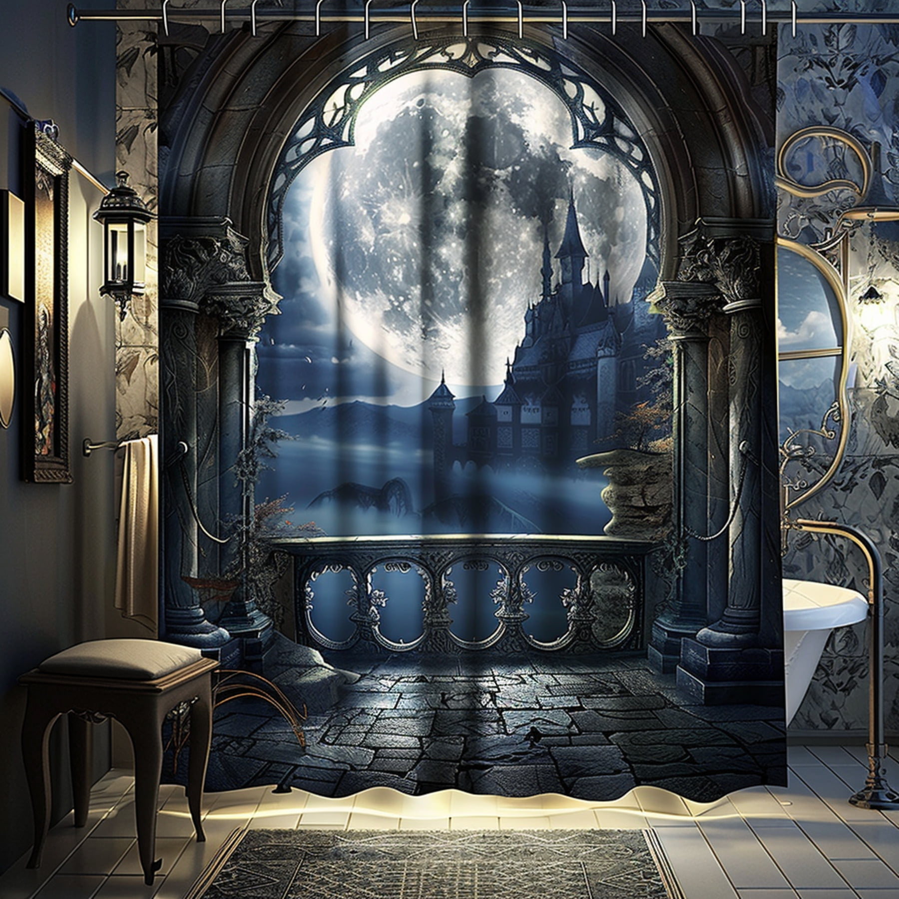 Enchant your bathroom with Medieval Castle Balcony Shower Curtain Dark