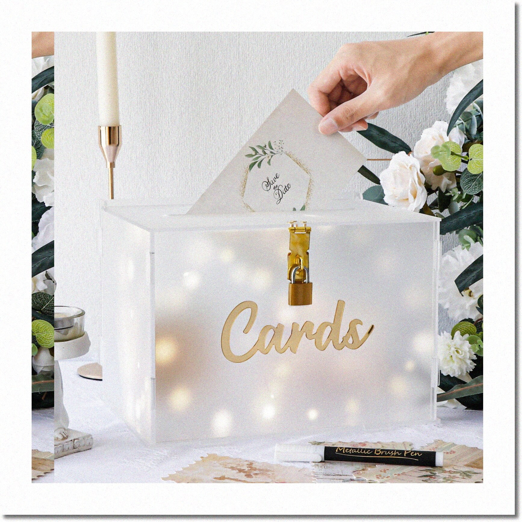 EnchantBox Illuminated Frosted Acrylic Wedding Card Holder with Lock