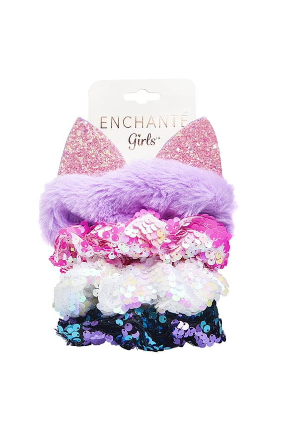 Accessories Girls' Sequin & Faux Fur Cat Ear Hair Scrunchie Hair Ties, 4 Count