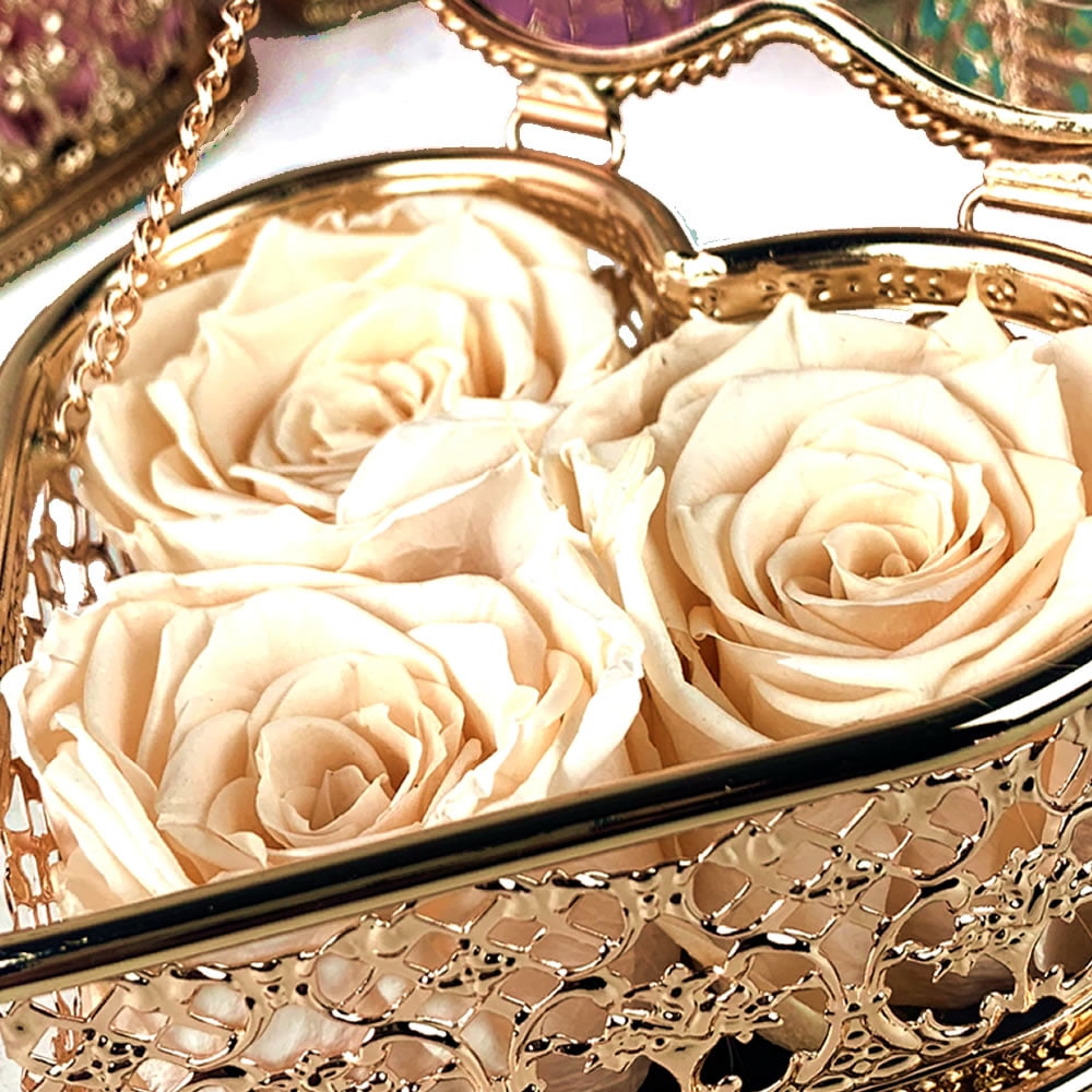 Enchante Preserved Forever Rose Vintage Heart Jewelry Box, Wedding Anniversary Birthday Valentine's Day Mother's Day Gift Eternity Flower, Beige