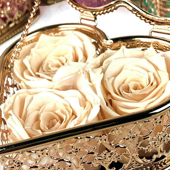 Enchante Preserved Forever Rose Vintage Heart Jewelry Box, Wedding Anniversary Birthday Valentine's Day Mother's Day Gift Eternity Flower, Beige