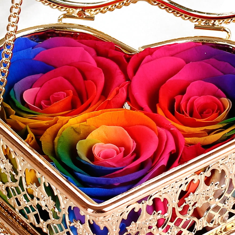 Enchante Preserved Forever Rose Vintage Heart Jewelry Box, Wedding Anniversary Birthday Valentine's Day Mother's Day Gift Eternity Flower, Rainbow