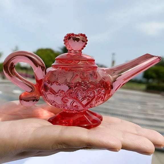 Enchanted Aladdin's Magic Lamp Decor, Small Red/Purple Acrylic Desktop Ornament, Elegant Carved Wishing Lamp for Home Office, Ideal Valentine's Day Birthday Party Gift