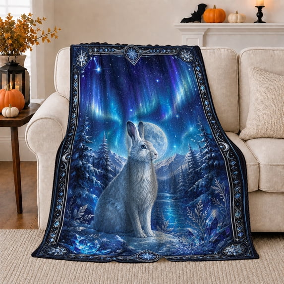 Enchanted Arctic Hare Winter Aurora Landscape Festive Woodland, Festive Woodland Scene, Warm Flannel Blanket for Cabin and Lodge, Celestial Art Lovers Housewarming Gift, Celestial Home Decor