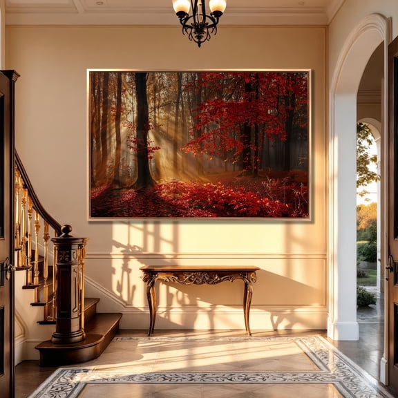 Enchanted Autumn Forest Poster: Sunbeam Fall Foliage Wall Art, Stretched Canvas Size 8x12
