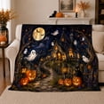 thumbnail image 1 of Enchanted Autumn Night Cottage and Pumpkins, Warm Flannel Blanket for Living Room and Family Room, Art Lovers Autumn Celebration Gift, Festive Home Decor, 1 of 9