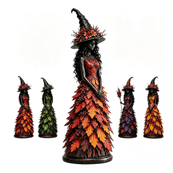 Enchanted Autumn Witch Figurine,12.2*4.3 Inch Hand-Painted Resin Fall Witch Figurine with Floral Witch Hat for Indoor Autumn and Halloween Tabletop Hobby Display