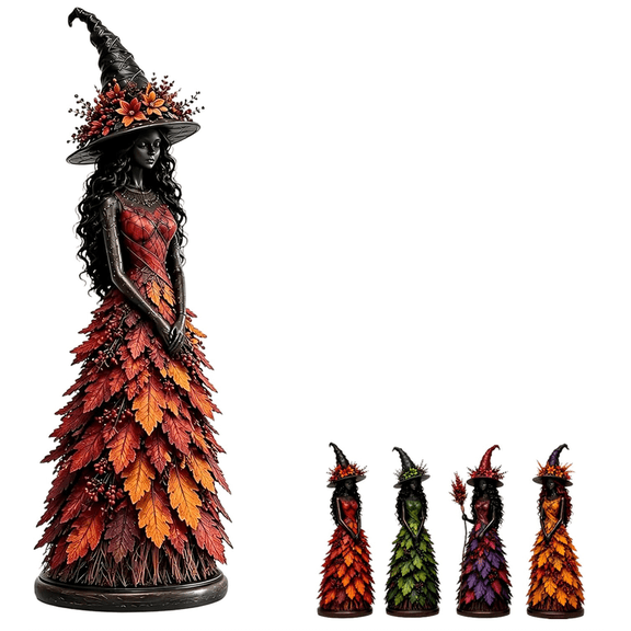 Enchanted Autumn Witch Figurine,4.8*1.7 Inch Resin Fall Witch Tabletop Halloween Statue With Leaf Gown, Seasonal Harvest Decor for Mantel Shelf Indoor Home