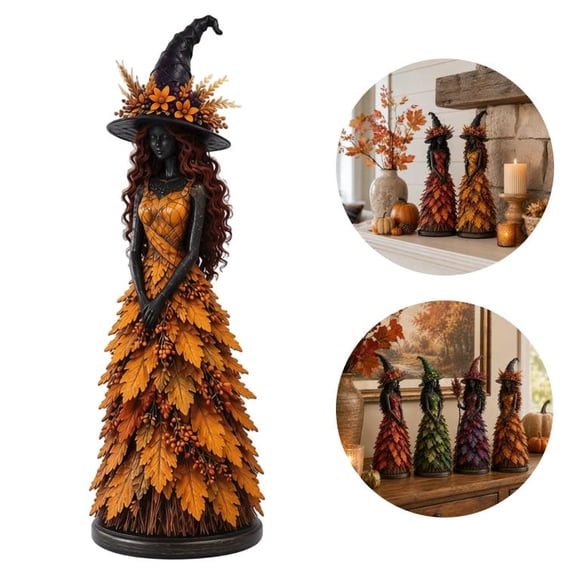 Enchanted Autumn Witch Figurine 5 Inch Home Decor, Warm Tone Resin Sculpture for Autumn Mantel Arrangement (Golden Harvest)
