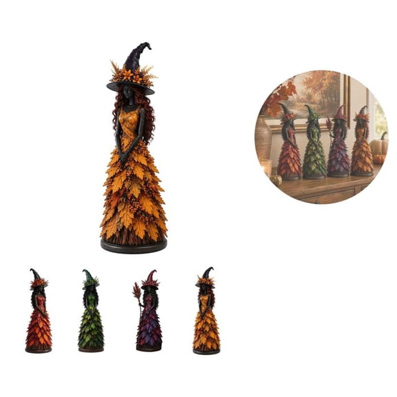 Enchanted Autumn Witch Figurine 5 Inch Seasonal Charm, Detailed Sculpture for Cozy Harvest & Halloween Tabletop Display (Golden Harvest)
