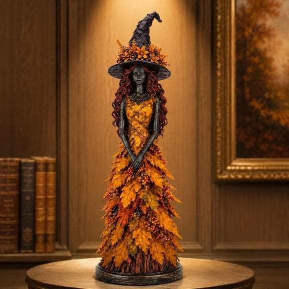 Enchanted Autumn Witch Figurine, Autumn Witch Halloween Ornament, Hand-Painted Resin Leaf Angel Home Garden Decor, Gothic Seasonal Fairy Harvest Holiday Decor (Golden Harvest)