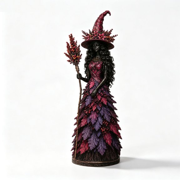 Enchanted Autumn Witch Figurine, Fall Witch Decor Halloween Tabletop Statue with Leaf Gown, Seasonal Resin Witch Decoration for Mantel Shelf Home,Autumn Ember,Purple S