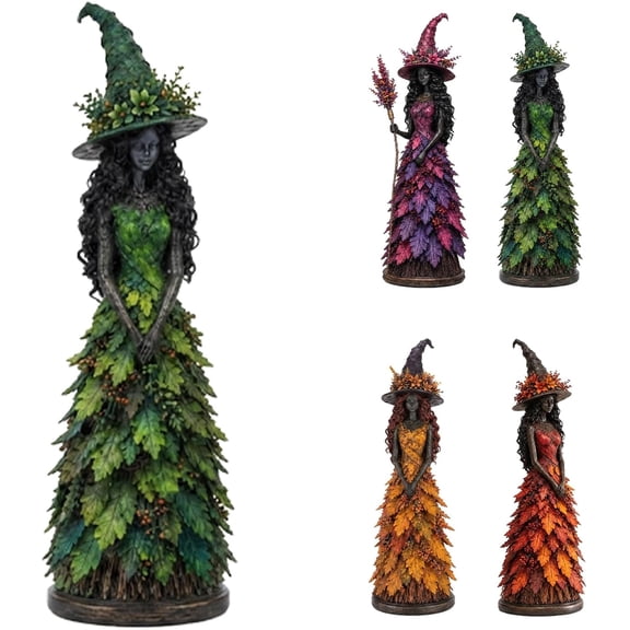 Enchanted Autumn Witch Figurine, Fall Witch Decor Halloween Tabletop Statue with Leaf Gown, Seasonal Resin Witch Decoration for Mantel Shelf Home,Green,S