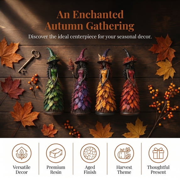 Enchanted Autumn Witch Figurine, Fall Witch Decor Halloween Tabletop Statue with Leaf Gown, Seasonal Resin Witch Decoration for Mantel Shelf Home Purple S
