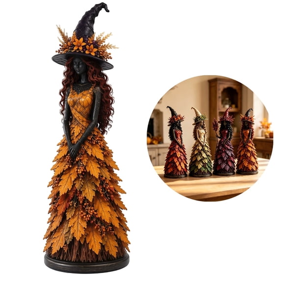 Enchanted Autumn Witch Figurine, Fall Witch Decor Halloween Tabletop Statue with Leaf Gown, Seasonal Resin Witch Decoration for Mantel Shelf Home