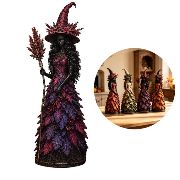 Enchanted Autumn Witch Figurine, Fall Witch Decor Halloween Tabletop Statue with Leaf Gown, Seasonal Resin Witch Decoration for Mantel Shelf Home