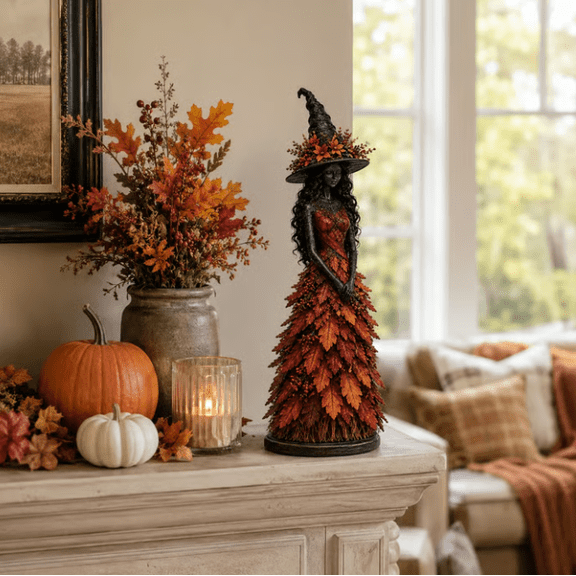 Enchanted Autumn Witch Figurine, Forest Golden Harvest Tone Witch Sculpture for Farmhouse Autumn Interior