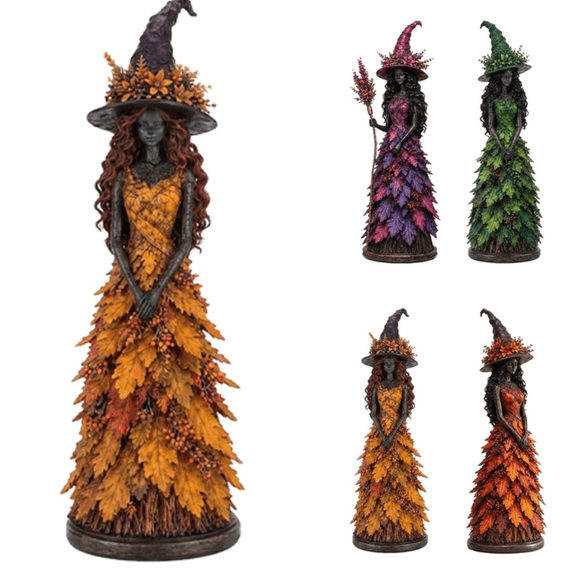 Enchanted Autumn Witch Figurine, Halloween Witch Statue | Fall Tabletop Decor, Witch Shelf Decoration for Mantel Fireplace Tiered Tray, Gothic Harvest Home Halloween Decor Gift Yellow 7.09in