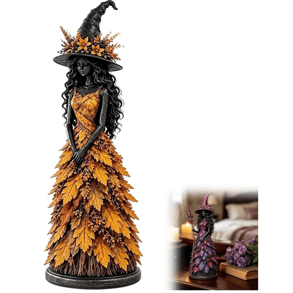 Enchanted Autumn Witch Figurine, Halloween Witch Statue | Fall Tabletop Decor, Witch Shelf Decoration for Mantel Fireplace Tiered Tray, Gothic Harvest Home Halloween Decor Gift Yellow 4.8in