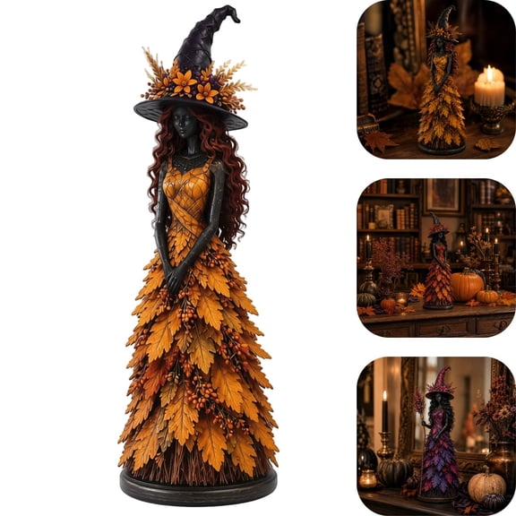 Enchanted Autumn Witch Figurine Halloween Witch Statue Golden Harvest Fall Tabletop Decor Witch Shelf Decoration for Mantel Fireplace Tiered Tray Gothic Harvest Home Halloween Decor Gift,Yellow,S