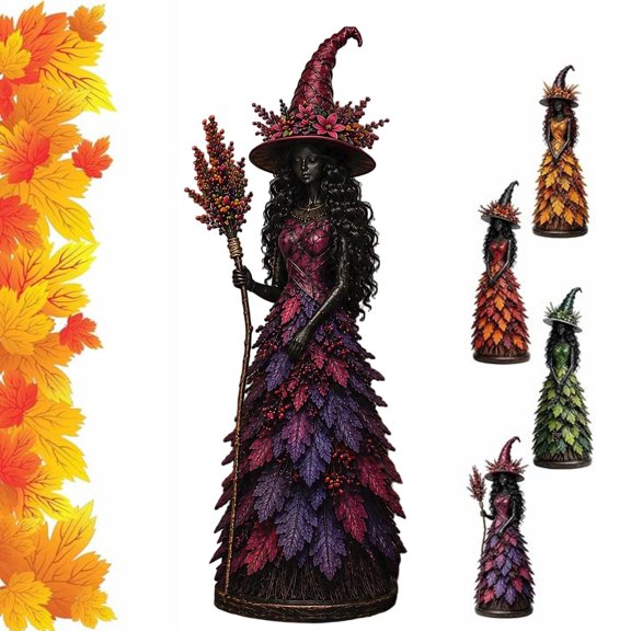Enchanted Autumn Witch Figurine Halloween Witch Statue with Layered Fall Leaf Dress Seasonal Witches Statue for Fireplace Mantel Shelf Home Office Harvest Decoration Gift,Purple,S