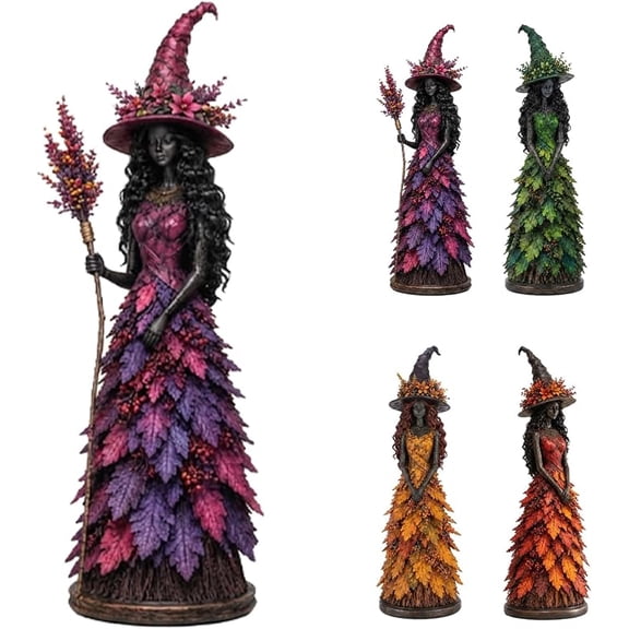 Enchanted Autumn Witch Figurine, Twilight Bloom Witch Resin Statue, Halloween Witch Themed Gift, Console Table Mantel Harvest Season Indoor Tabletop Ornament Green S