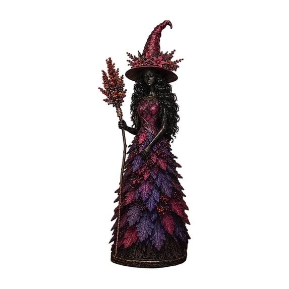 Enchanted Autumn Witch Figurine,Witch Figurine (Forest Spell) Fall Witch Decor Halloween Tabletop Statue with Leaf Gown, Seasonal Resin Witch Decoration 3.9in
