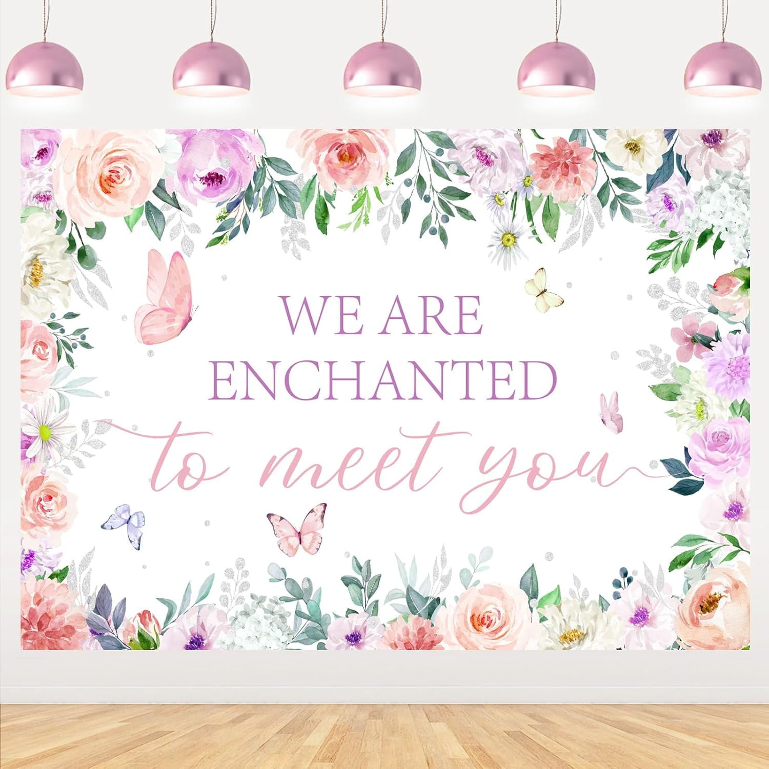 "We're Enchanted To Meet You" Butterfly Gender Reveal Party Decor - Backdrop Decal Sign & Balloon Arch Kit
