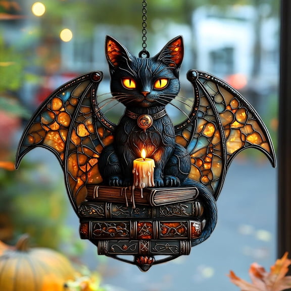 Enchanted Bat Wing Cat Faux Stained Glass Suncatcher  Acrylic Halloween Window Hanging With Candle, Spell Books And Spooky Gothic Decor
