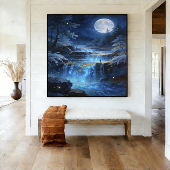 Enchanted Bioluminescent Waterfall Poster Magical Fantasy Art, Unframed Poster