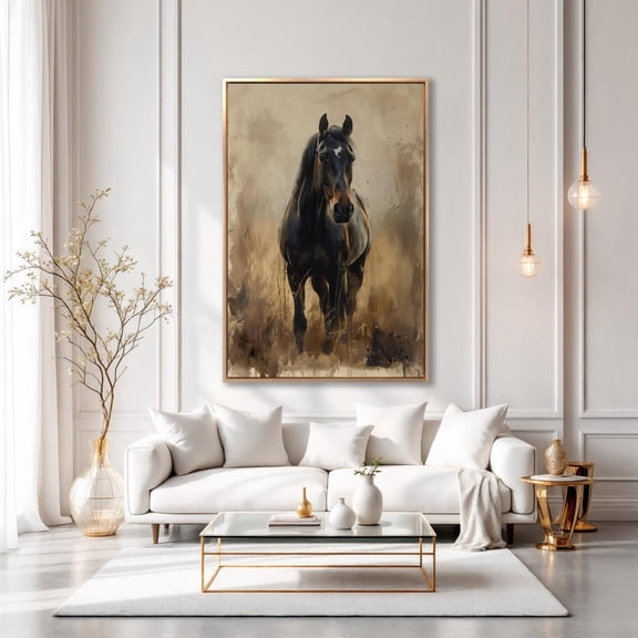 Enchanted Black Horse Poster Abstract Graceful Animal Wall Art Brown Background Decor Farmhouse Rustic Poster Ready To Hang, Unframed Poster Size 8x12