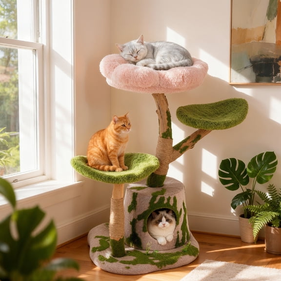 Happy & Polly Whimsical Cloud & Moss Forest 40-in Fleece Plush Cat Tree