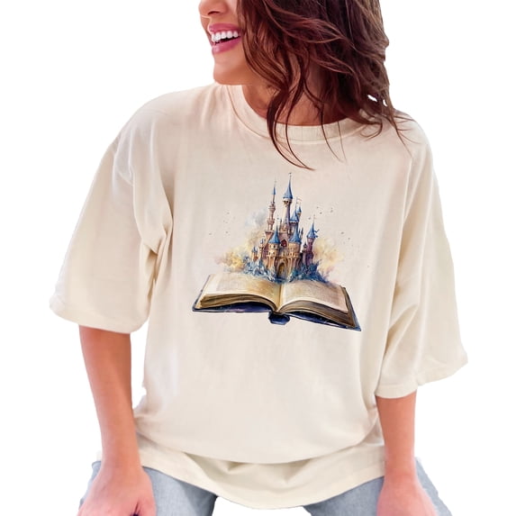 Enchanted Book Castle Illustration T-Shirt, Fantasy Book Lover Tee, Magical Fairytale Castle Graphic, Unique Art T-Shirt, Gift for Readers, Ivory Comfort Colors T-Shirt, 2XL