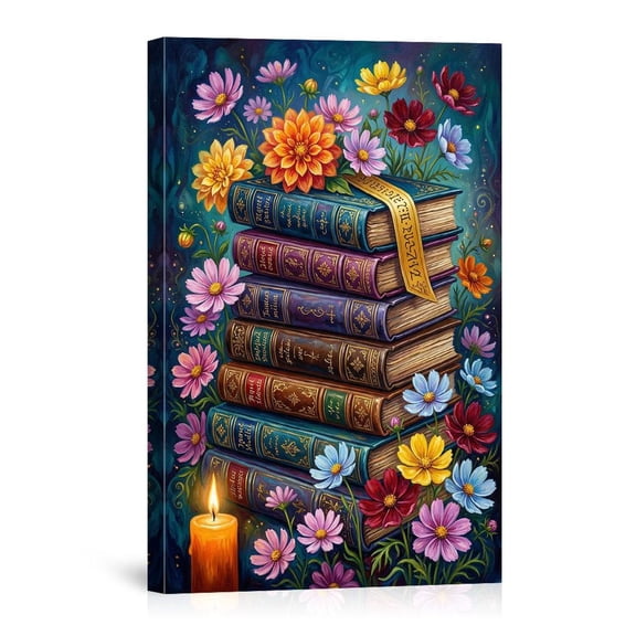 Enchanted Bookshelf Floral Whimsical Cozy Reading Nook Flowers Candle Canvas