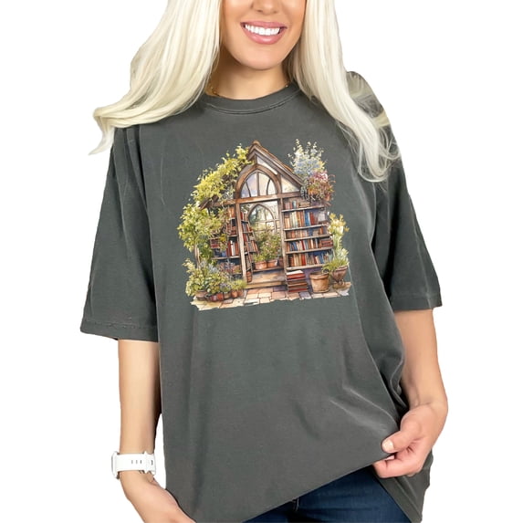Enchanted Bookstore T-Shirt, Cozy Reading Nook Tee, Book Lover Gift, Cottagecore Bookshop Shirt, Nature Inspired Library Top, Pepper Comfort Colors T-Shirt, Medium